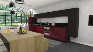 A digital kitchen visualisation featuring glossy red base units and matte black overhead cabinets. Set in a bright room with large glass windows for a spacious, modern effect.