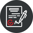 White icon of a document being signed with a red checkmark symbol. Represents agreement, approval, or completed documentation.