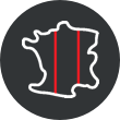 White outline of France with two vertical red bars. Suggests French origins, operations, or manufacturing.