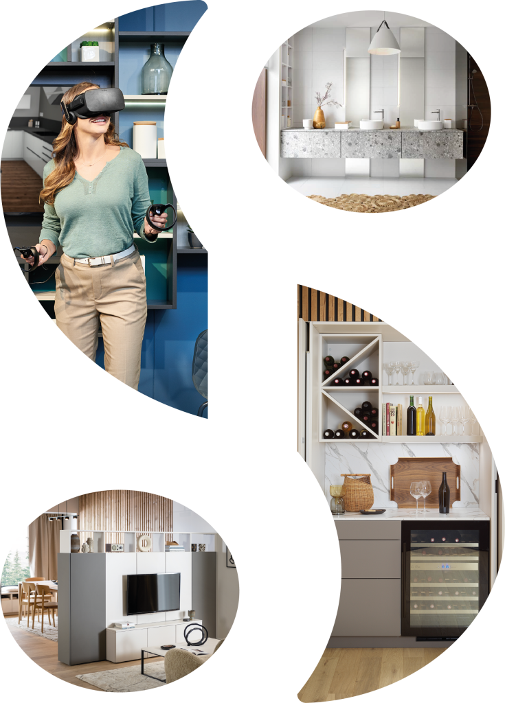 Creative graphic featuring a person using virtual reality to visualise home interiors. Set within the brand's S-shaped logo, it showcases immersive design technology and diverse spaces.