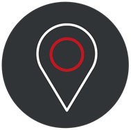 Location Map pin icon with a red circle inside, set on a dark grey circular background. Used to mark locations or navigation points.