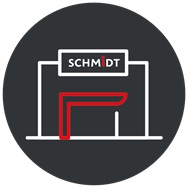 Outside showroom White and red outline of a showroom entrance labelled "SCHMIDT" on a dark background. Designed to signify physical showroom locations or entrances.