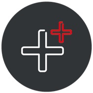 Positive A plus symbol with a red accent top-right corner displayed on a dark circular background. Suggests adding or expanding features within a service.