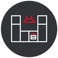 Showroom Stylised icon of a kitchen layout in white and red on a dark circular background. Indicates modular kitchen planning or layout design services.