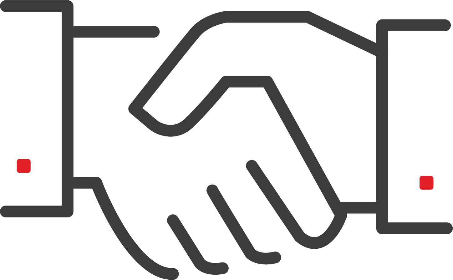 A handshake icon showing two stylised hands meeting in agreement, with small red squares on the sleeves. It represents partnership, trust, or business deals.