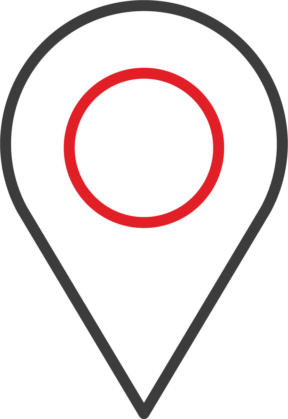 A location pin outlined in black with a red circle in the centre. The symbol represents place, destination, or store location.