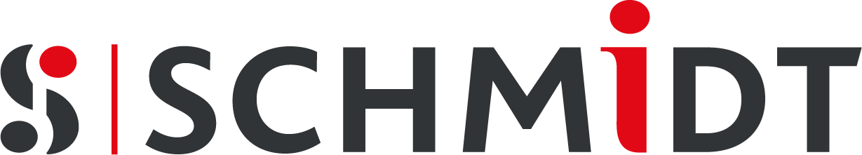 A modern logo showing the word SCHMIDT in bold, black and red lettering. The red dot over the "i" stands out as a key design feature.