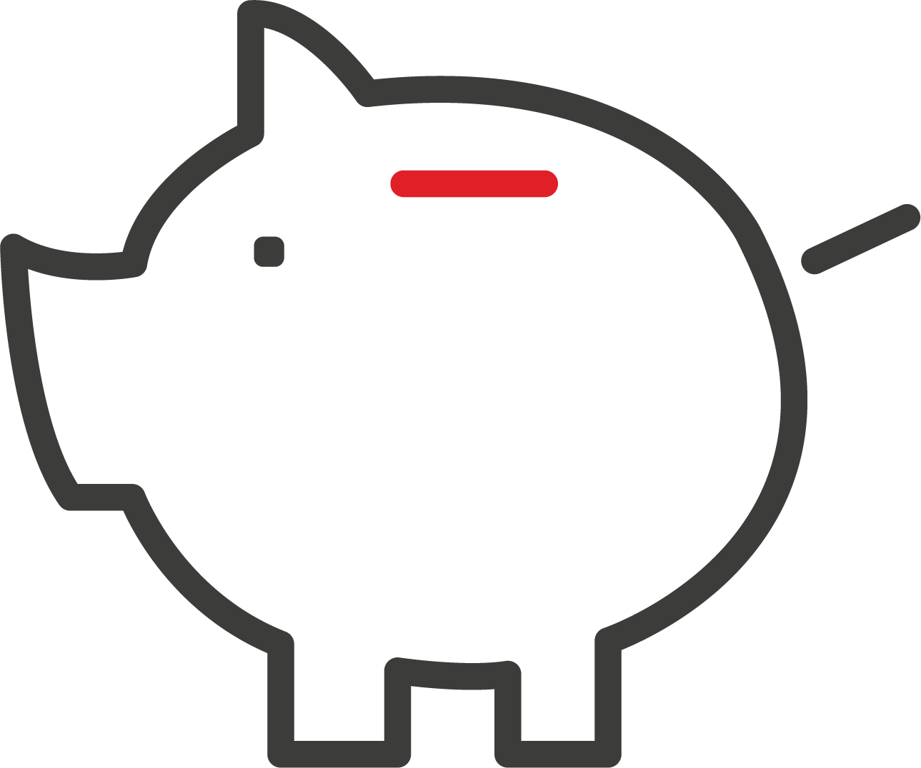An icon of a piggy bank outlined in black with a red coin slot on top. It symbolises saving money or financial investment.