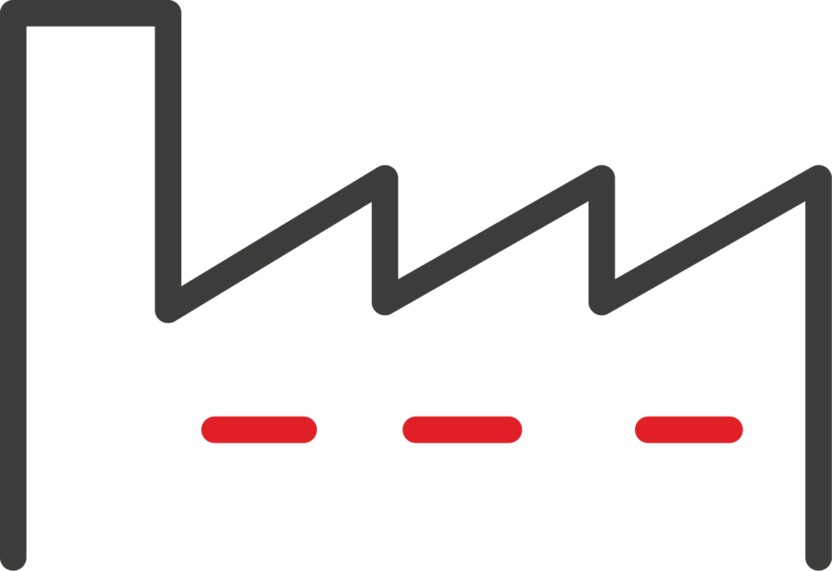 A minimal icon showing the outline of a factory building with three stylised red conveyor belts. The design uses clean lines to represent manufacturing or production.