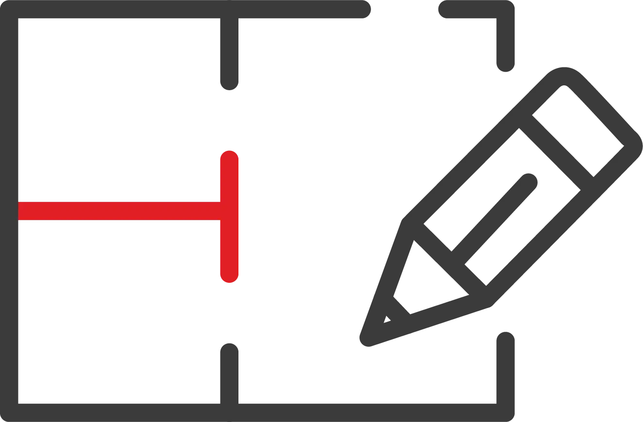 An icon showing a floorplan layout with a pencil, symbolising design or architectural planning. The pencil points to the bottom-right corner of the outlined space.