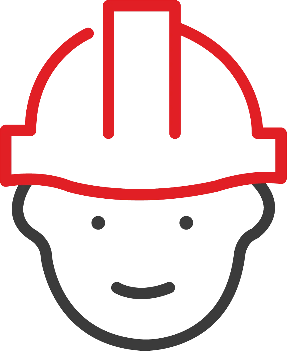 An illustrated icon of a smiling face wearing a red construction helmet. It represents safety, construction, or project supervision.