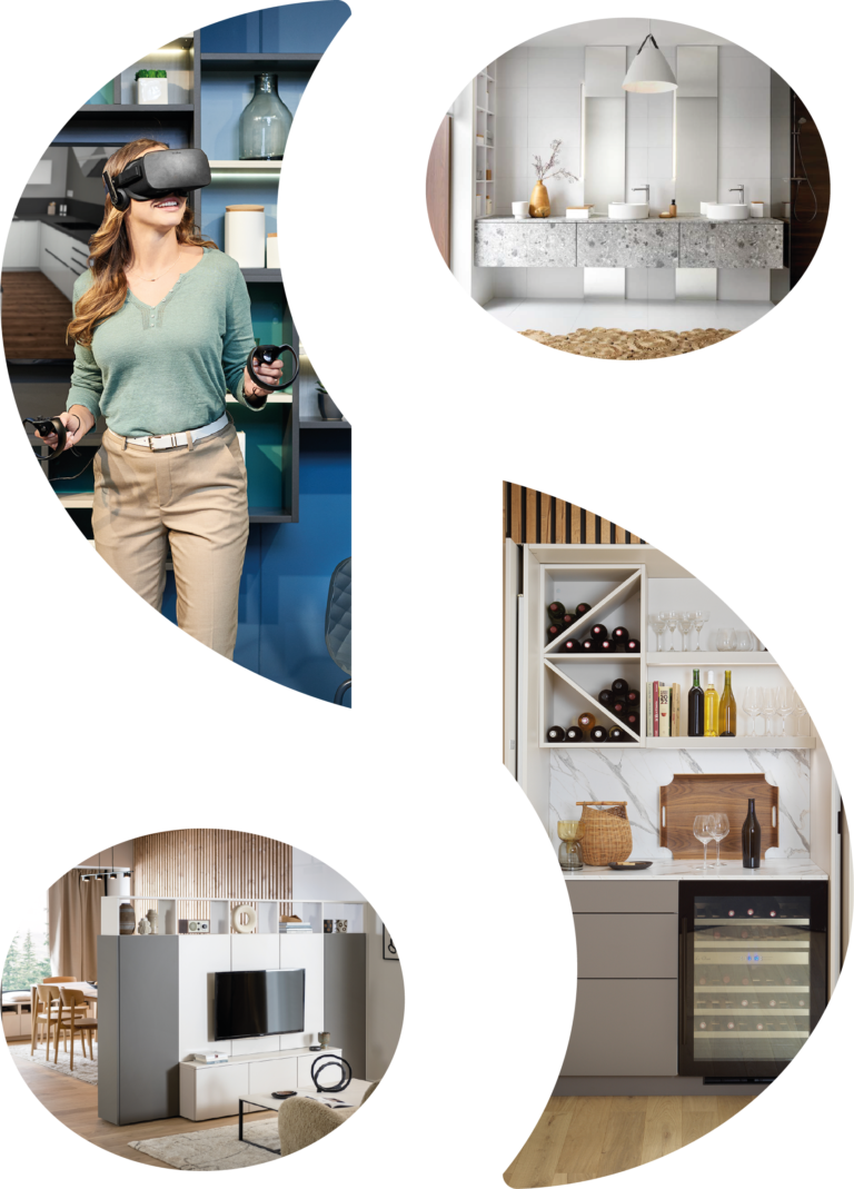 Creative graphic featuring a person using virtual reality to visualise home interiors. Set within the brand's S-shaped logo, it showcases immersive design technology and diverse spaces.