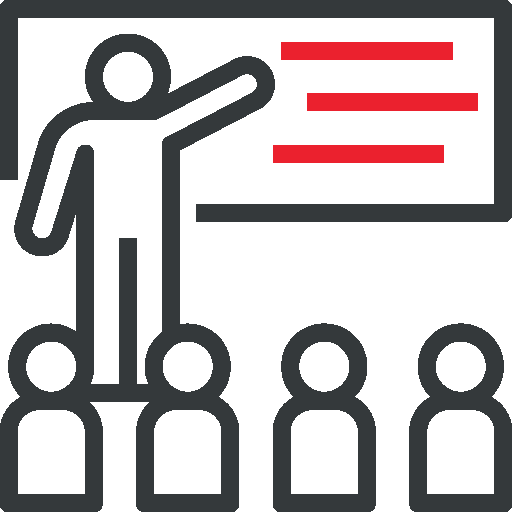 An icon showing a speaker presenting to a group, illustrating structured training or franchise onboarding. Ideal for highlighting business support and educational resources.