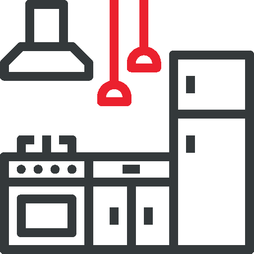 Icon showing a fully fitted kitchen including oven, fridge and pendant lighting. Represents a high-spec, modern kitchen layout available through showroom consultations.