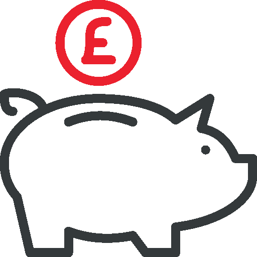Graphic of a piggy bank with a red pound sign, representing cost savings and financial efficiency. Used to highlight value-driven services or budget-conscious investment options.