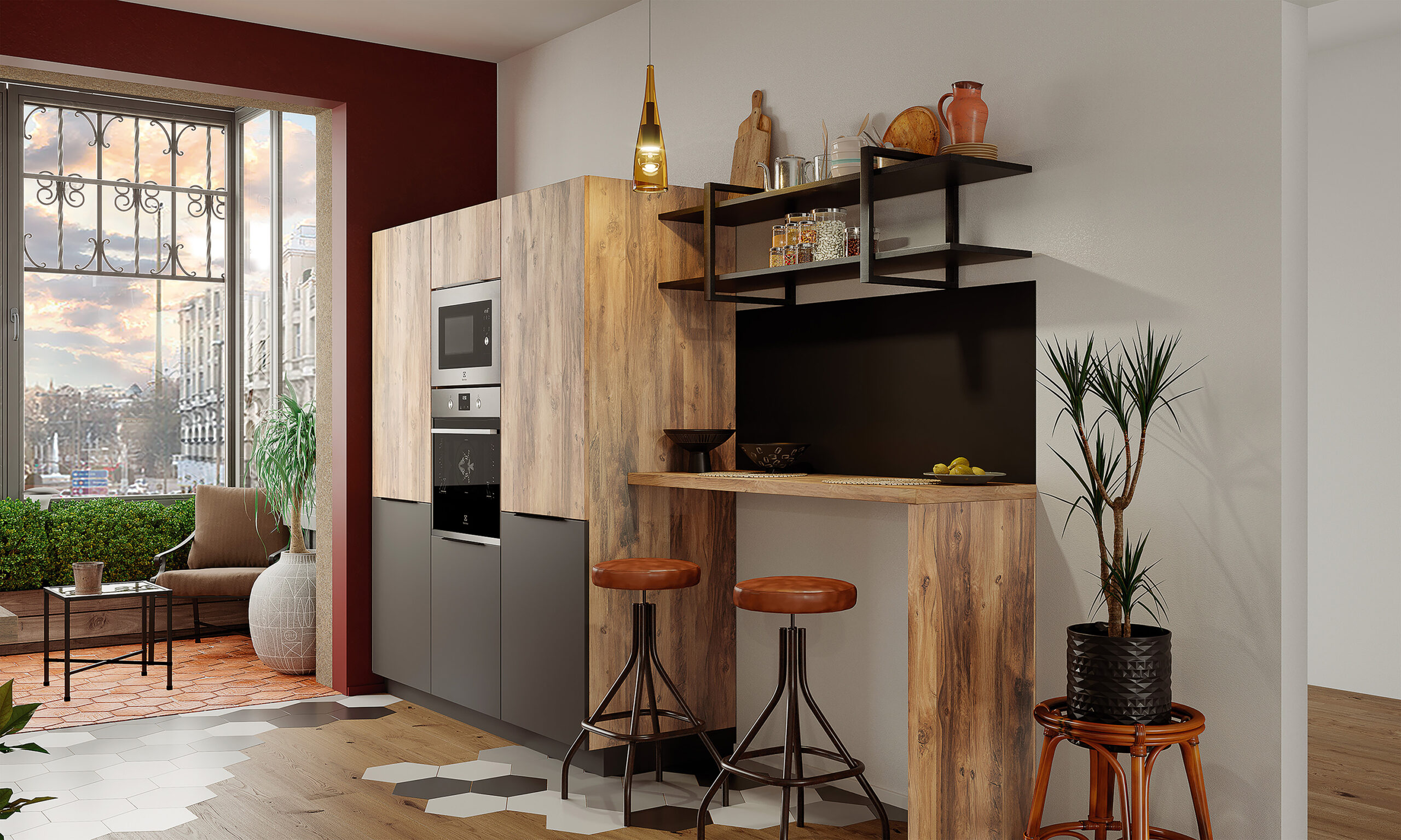 An industrial-style kitchen featuring a wood-clad unit, metal shelving, and bar seating by a large window. The view of the city adds character and depth to the space.