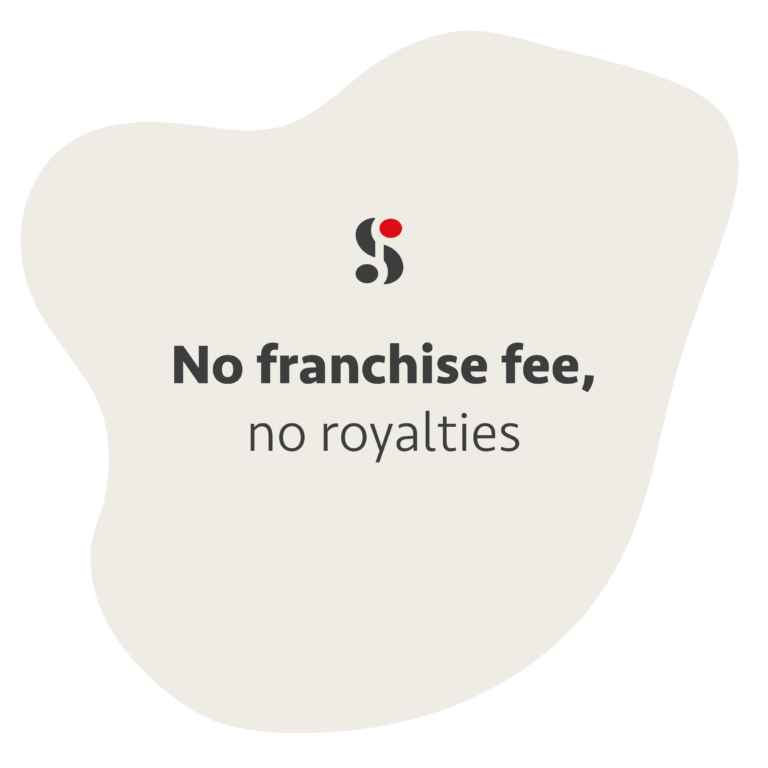 A minimalist promotional graphic featuring the SOOM logo and the message: "No franchise fee, no royalties." This image highlights a key benefit for potential franchise partners.