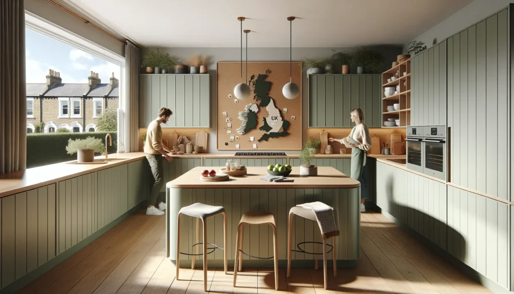 Sage kitchen, curved oak island.