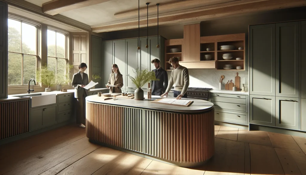 Three designers, oak-accented green kitchen.