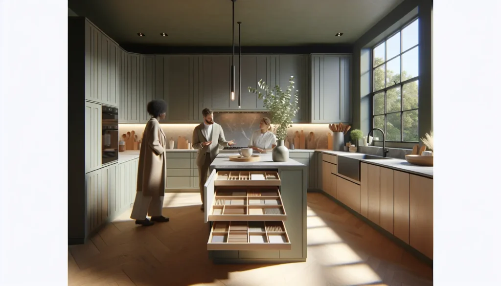 Couple reviewing samples in kitchen.