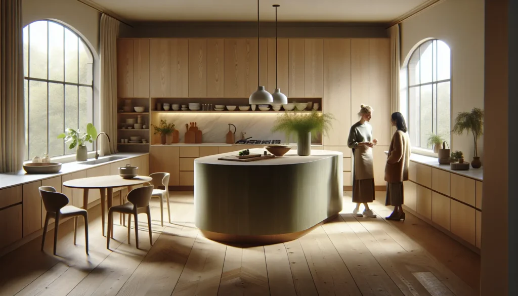 Three people in green kitchen.