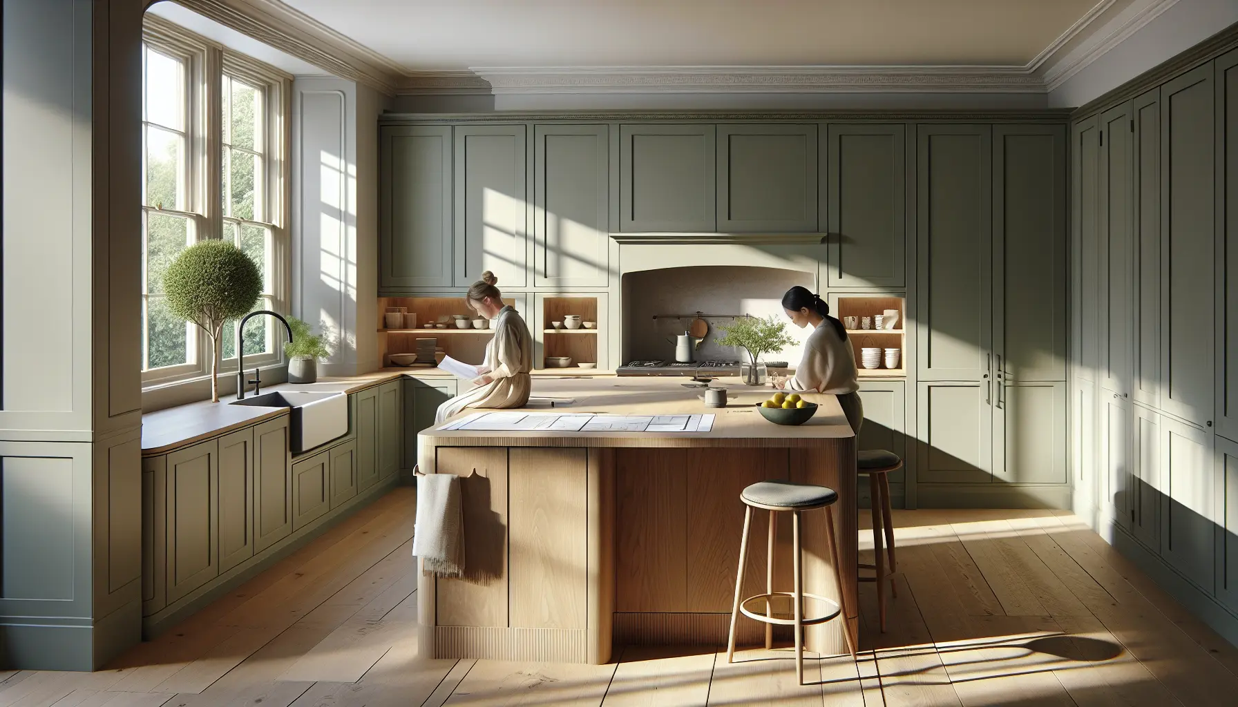 Couple at oak kitchen island.