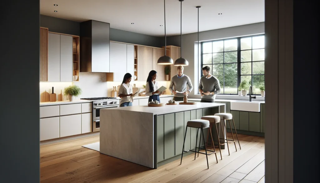 Modern kitchen showroom, people consulting.