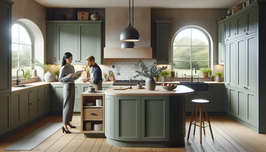 Couple, designer at kitchen island.