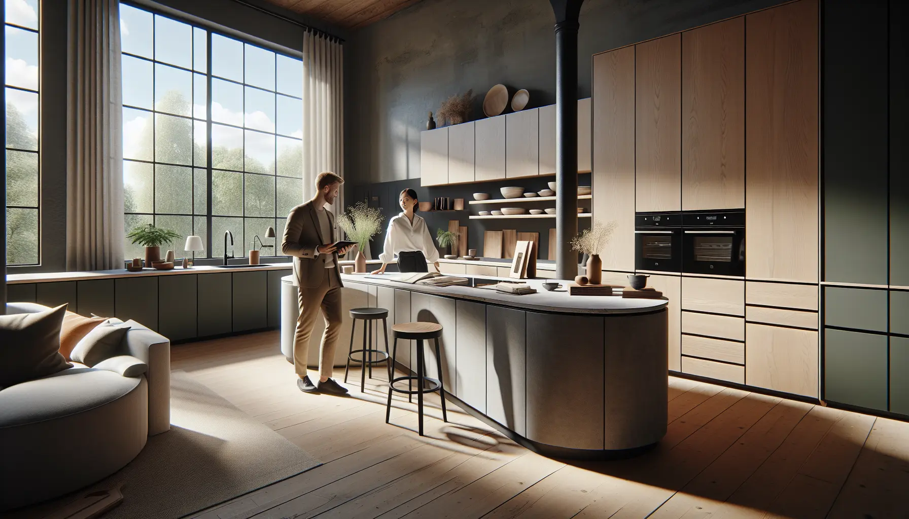 Sales advisors by curved island.