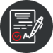 White icon of a document being signed with a red checkmark symbol. Represents agreement, approval, or completed documentation.