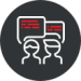 Two stylised figures exchanging dialogue in white and red speech bubbles. Represents communication, consultation, or customer interaction.