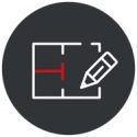 A circular icon showing a stylised pencil drawing on a floorplan, with red accents for emphasis. This graphic represents design or planning services in a visual format.