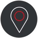 Map pin icon with a red circle inside, set on a dark grey circular background. Used to mark locations or navigation points.