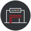 White and red outline of a showroom entrance labelled "SCHMIDT" on a dark background. Designed to signify physical showroom locations or entrances.