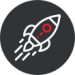 White and red outlined rocket icon taking off against a black circle background. Represents business growth, new ventures, or rapid project launches.