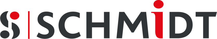 A modern logo showing the word SCHMIDT in bold, black and red lettering. The red dot over the "i" stands out as a key design feature.