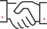 A handshake icon showing two stylised hands meeting in agreement, with small red squares on the sleeves. It represents partnership, trust, or business deals.