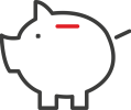 An icon of a piggy bank outlined in black with a red coin slot on top. It symbolises saving money or financial investment.