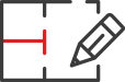 An icon showing a floorplan layout with a pencil, symbolising design or architectural planning. The pencil points to the bottom-right corner of the outlined space.