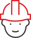 An illustrated icon of a smiling face wearing a red construction helmet. It represents safety, construction, or project supervision.