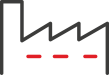 A minimal icon showing the outline of a factory building with three stylised red conveyor belts. The design uses clean lines to represent manufacturing or production.