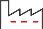 A minimal icon showing the outline of a factory building with three stylised red conveyor belts. The design uses clean lines to represent manufacturing or production.