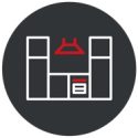 Stylised icon of a kitchen layout in white and red on a dark circular background. Indicates modular kitchen planning or layout design services.