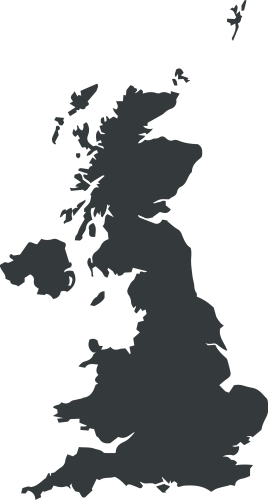 Simplified silhouette map of the United Kingdom in dark grey, used for location or franchise reference. Ideal for marking Schmidt kitchen showroom areas across the UK.