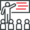 An icon showing a speaker presenting to a group, illustrating structured training or franchise onboarding. Ideal for highlighting business support and educational resources.