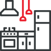 Icon showing a fully fitted kitchen including oven, fridge and pendant lighting. Represents a high-spec, modern kitchen layout available through showroom consultations.