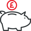 Graphic of a piggy bank with a red pound sign, representing cost savings and financial efficiency. Used to highlight value-driven services or budget-conscious investment options.